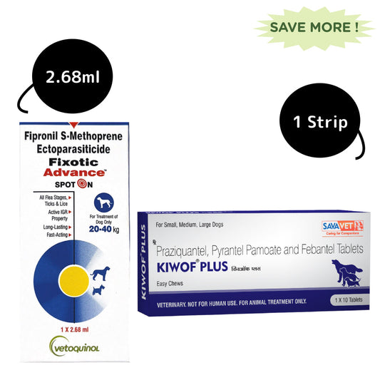 Vetoquinol Fixotic Advance 20 to 40kg Spoton and Savavet Kiwof Plus Dog Deworming Tablet Combo