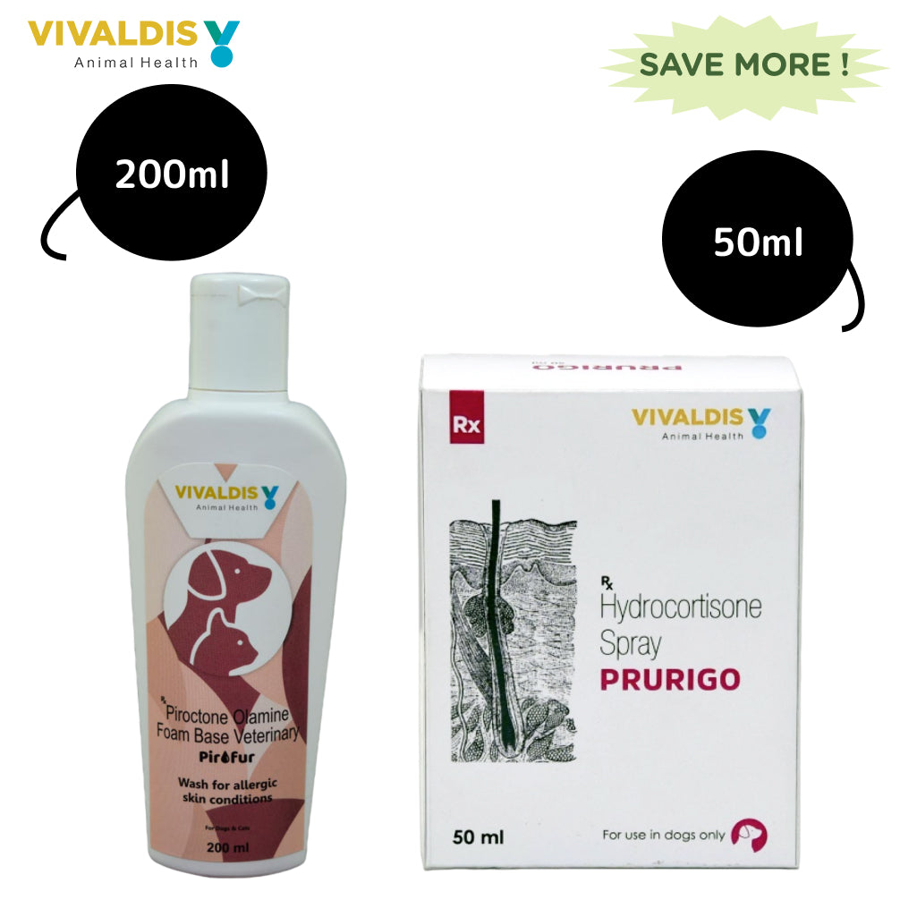 Vivaldis Prurigo Spray (50ml) and Pirofur Shampoo (200ml) for Dogs & Cats Itch Relief Combo