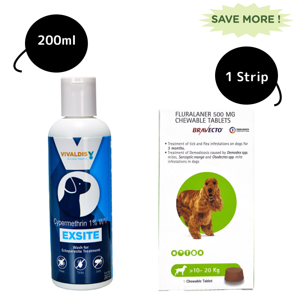 MSD Animal Health Bravecto Tablet (500mg) and Vivaldis Exsite Dog Shampoo Tick & flea Control Combo