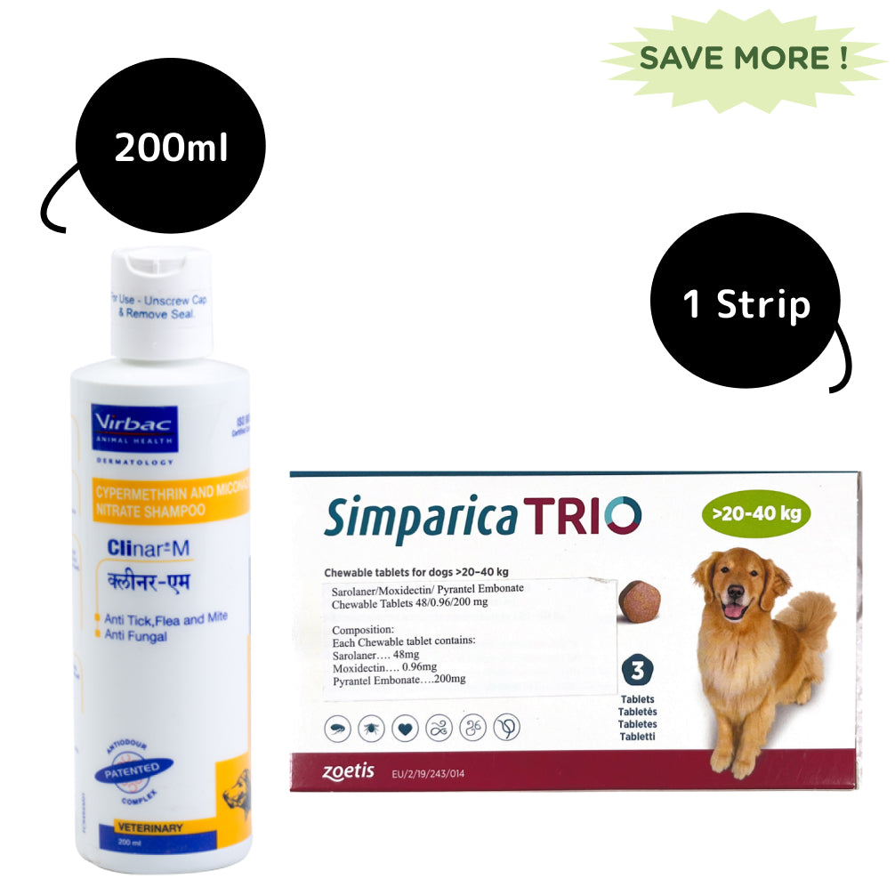 Zoetis Simparica Trio Tablet (20-40 kg) and Virbac Clinar M Shampoo Tick & Flea Control Combo for Dogs