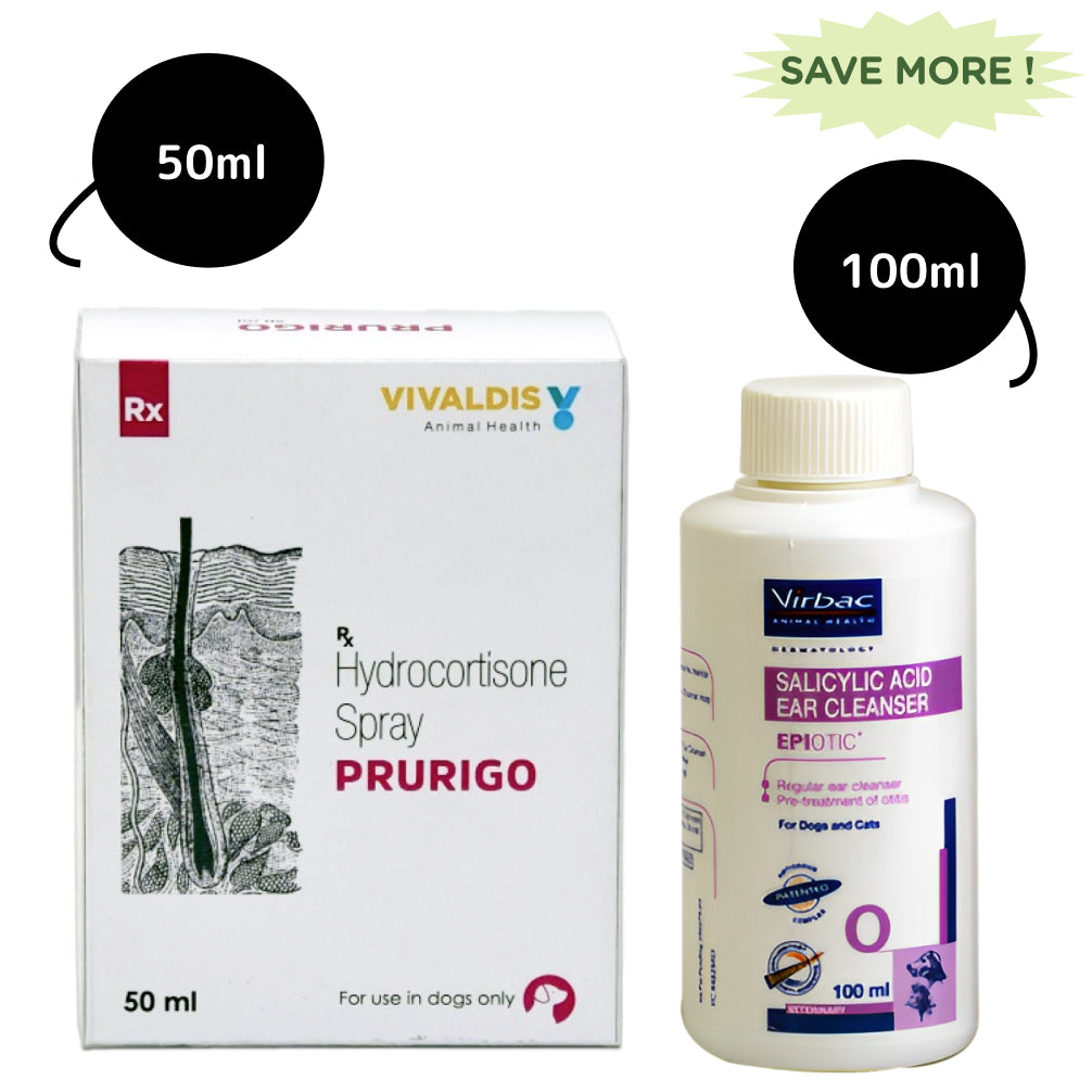 Virbac Epiotic Ear Cleanser (100ml) and Vivaldis Prurigo Spray (50ml) Combo