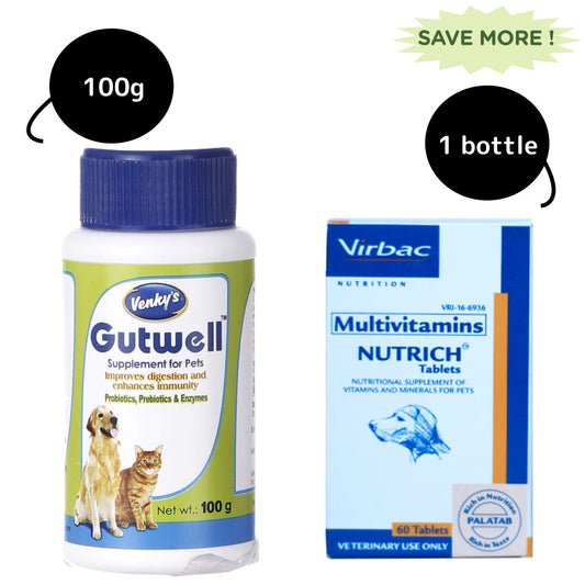 Venkys Gutwell Pre & Probiotics Gut Health Powder and Virbac Nutrich Multi Vitamin Tablets Combo