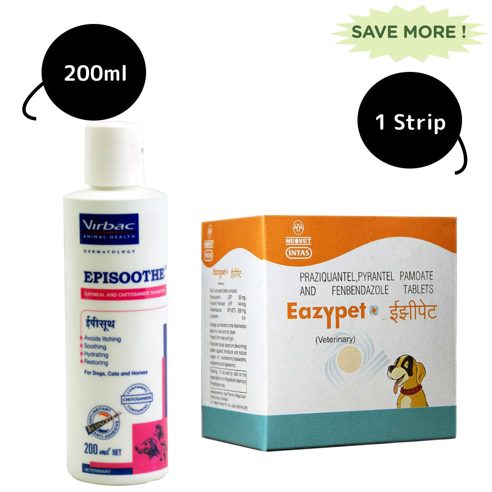 Virbac Episoothe Oatmeal Shampoo (200ml) and Intas Eazypet Dog Deworming Tablet Combo