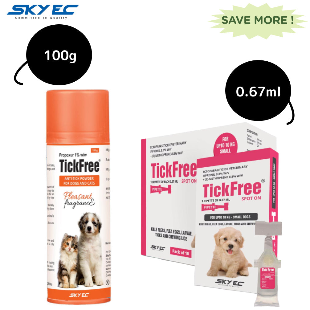 Skyec Tick Free Tick & Flea Control Powder (100g) and Spot On for Dogs (Upto 10kg) Combo