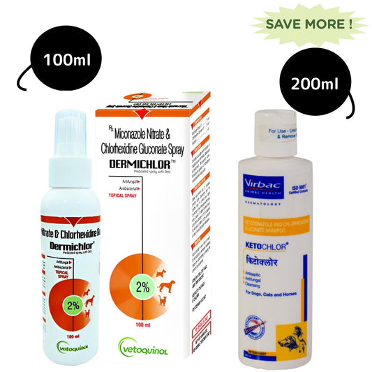 Vetoquinol Dermichlor Antibacterial Antifungal Spray (100ml) and Virbac Ketochlor Shampoo (200ml) Combo