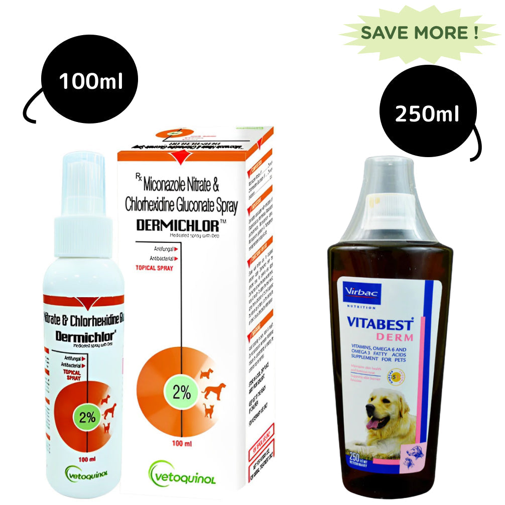 Virbac Vitabest Derm Omega 3 + 6 Syrup (250ml) and Vetoquinol Dermichlor Spray (100ml) for Dogs and Cats Combo