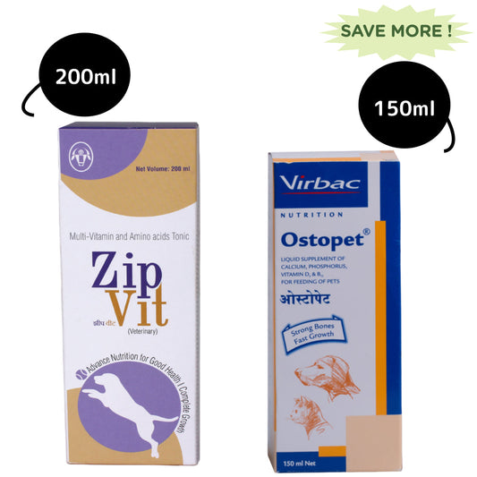 Virbac Ostopet Calcium Supplement Syrup (150ml) and Intas Zipvit Multi Vitamin Supplement for Dogs and Cats (200ml) Combo