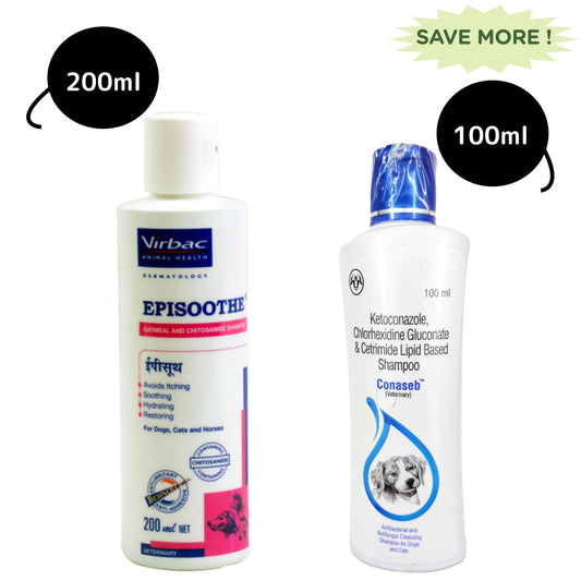 Virbac Episoothe Shampoo (200ml) and Intas Conaseb Shampoo for Dogs & Cats (100ml) Combo