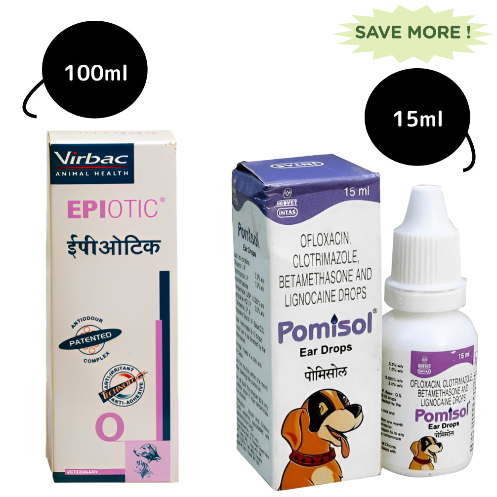 Intas Pomisol Ear Drops (15ml) and Virbac Epiotic Ear Cleanser for Dogs & Cats (100ml) Combo