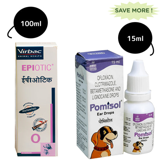 Intas Pomisol Ear Drops (15ml) and Virbac Epiotic Ear Cleanser for Dogs & Cats (100ml) Combo